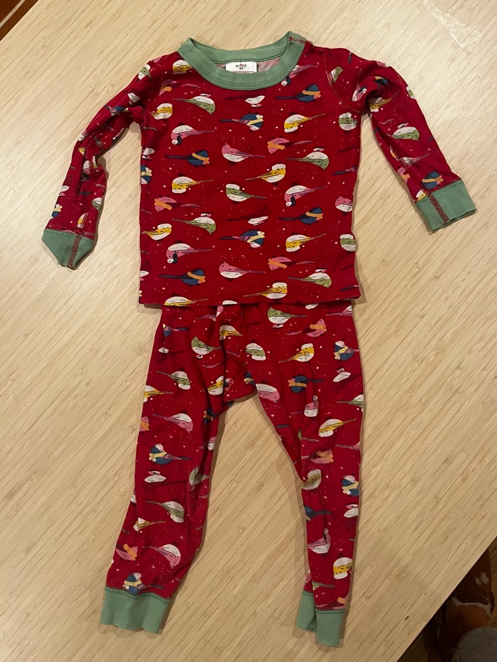 Hanna Andersson Red Bird-Print Two-Piece Pajama Set with Green Trim